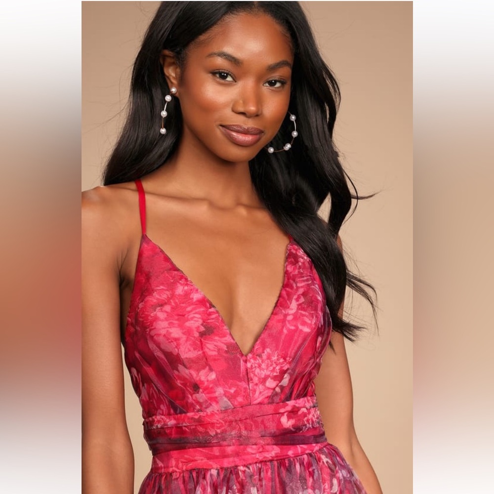 Lulu's Fuchsia Floral Lace Maxi Dress with Plunging V-Neck - Picture 4 of 13